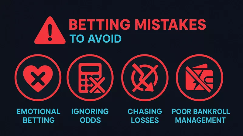 Warning graphic showing common betting mistakes with crossed-out icons for emotional betting and poor management