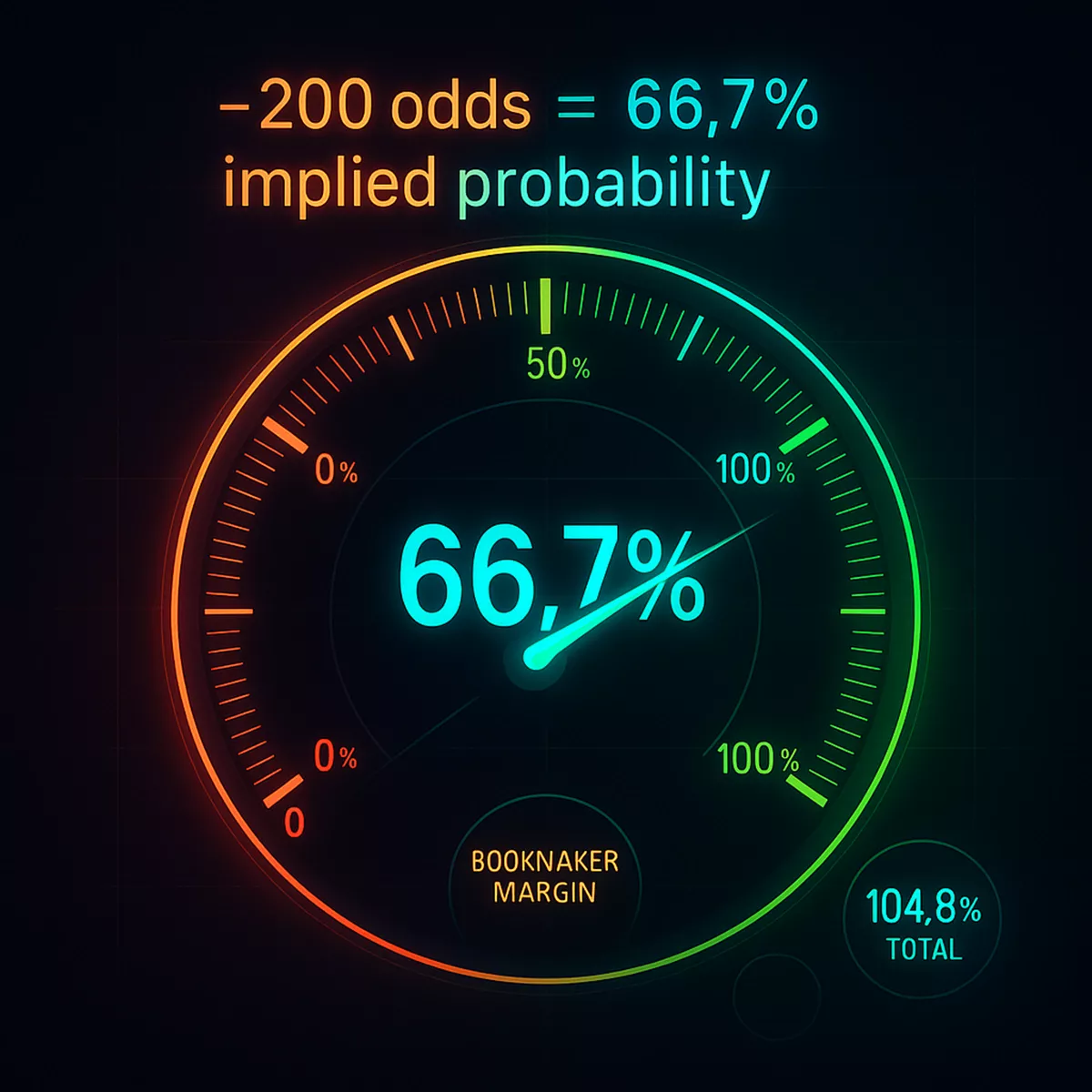 Circular gauge visualization showing implied probability calculation from betting odds with mathematical formula
