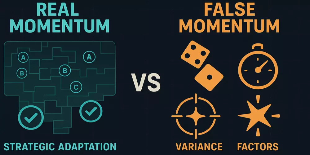 Comparison diagram showing real momentum versus false momentum variance in Valorant betting