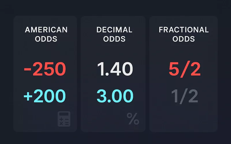 Comparison chart showing American, decimal, and fractional odds formats with conversion examples