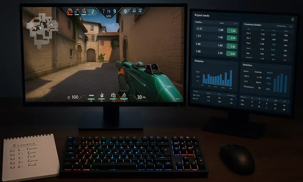 Professional esports betting workspace with dual monitors showing live Valorant match and betting interface