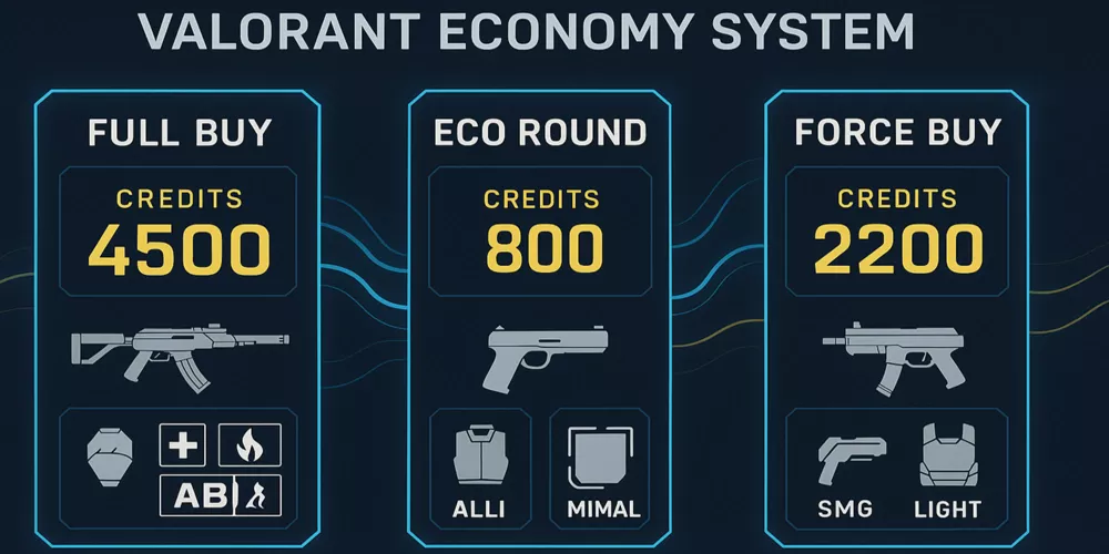 Valorant economy system visualization showing full buy, eco round, and force buy scenarios for betting analysis